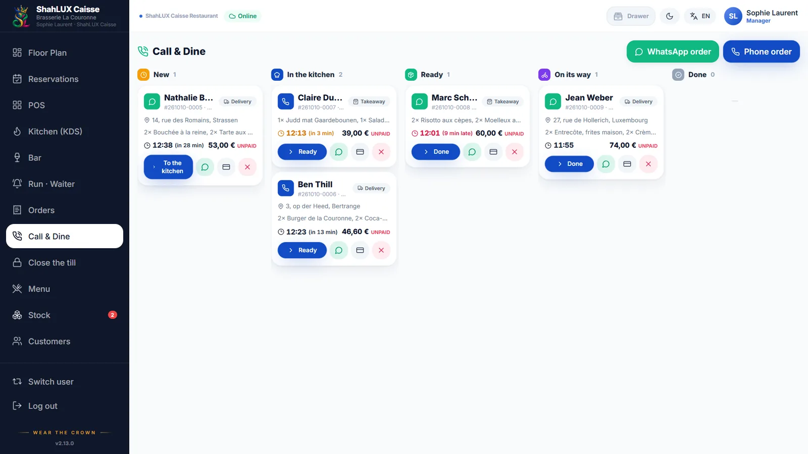 ShahLUX Caisse board of phone and WhatsApp orders