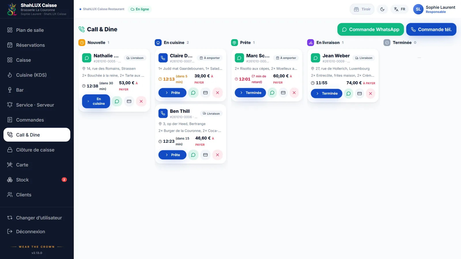 Tableau des commandes par téléphone et WhatsApp ShahLUX